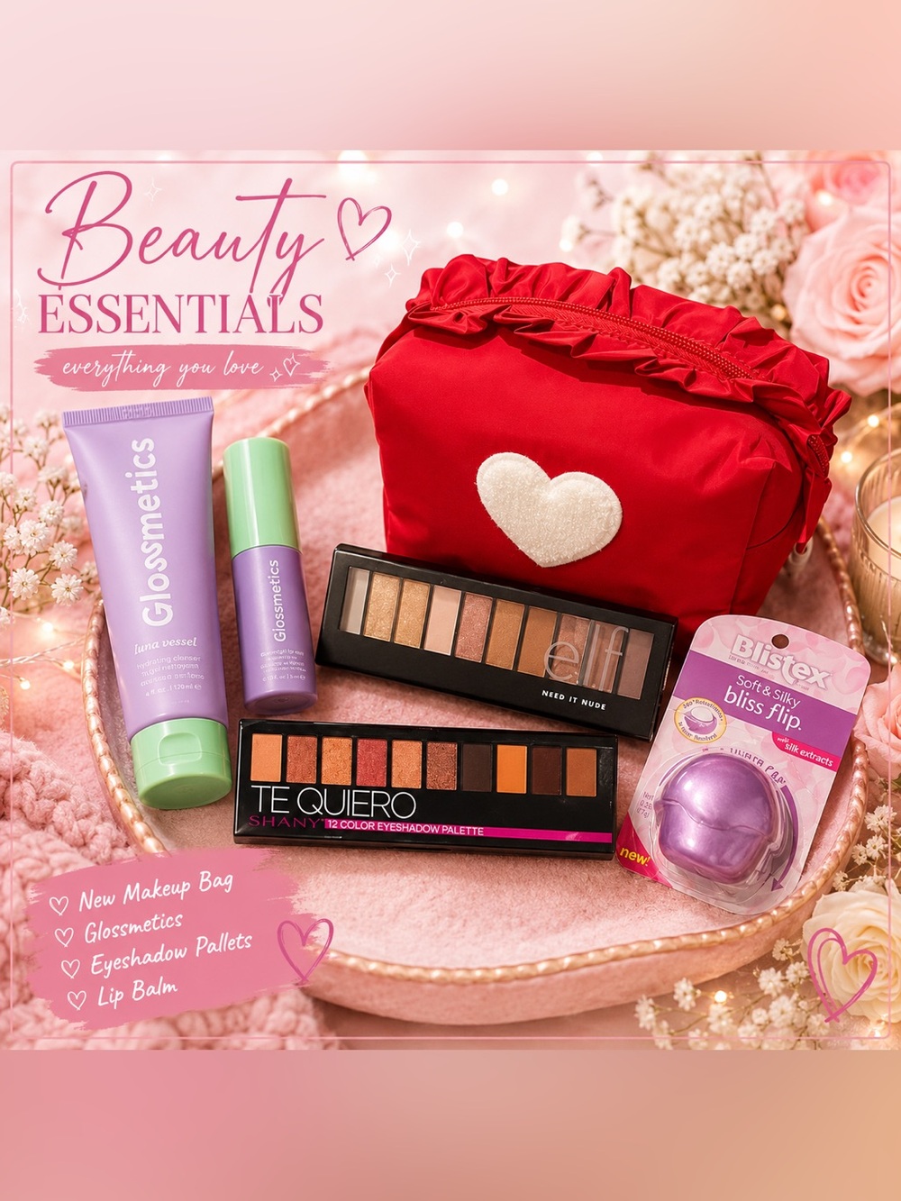 Red Heart Makeup Bag with Neutral Eyeshadow Palettes